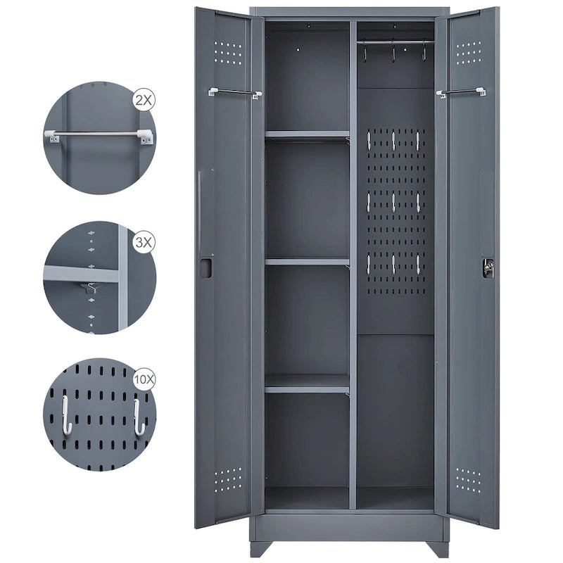 Armoire de rangement haute en acier avec porte verrouillable et tringle – Gris / Gris+Blanc, Anti-rouille, Ventilée
