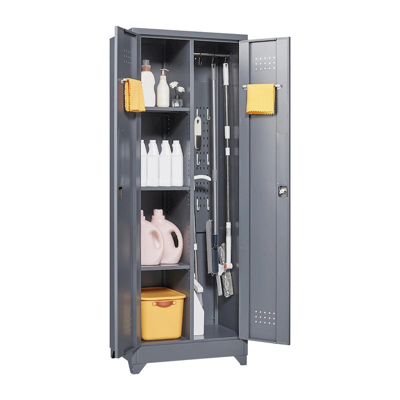 Armoire de rangement haute en acier avec porte verrouillable et tringle – Gris / Gris+Blanc, Anti-rouille, Ventilée
