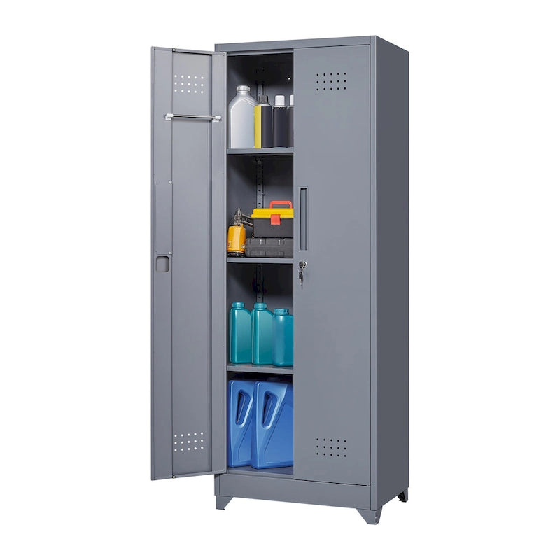 Armoire de rangement haute en acier avec porte verrouillable et tringle – Gris / Gris+Blanc, Anti-rouille, Ventilée