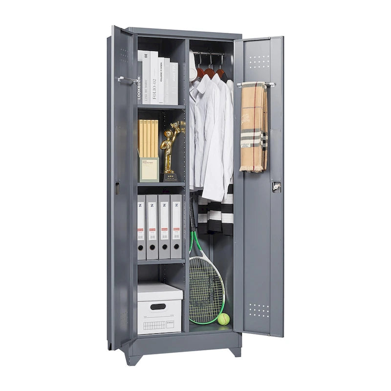 Armoire de rangement haute en acier avec porte verrouillable et tringle – Gris / Gris+Blanc, Anti-rouille, Ventilée
