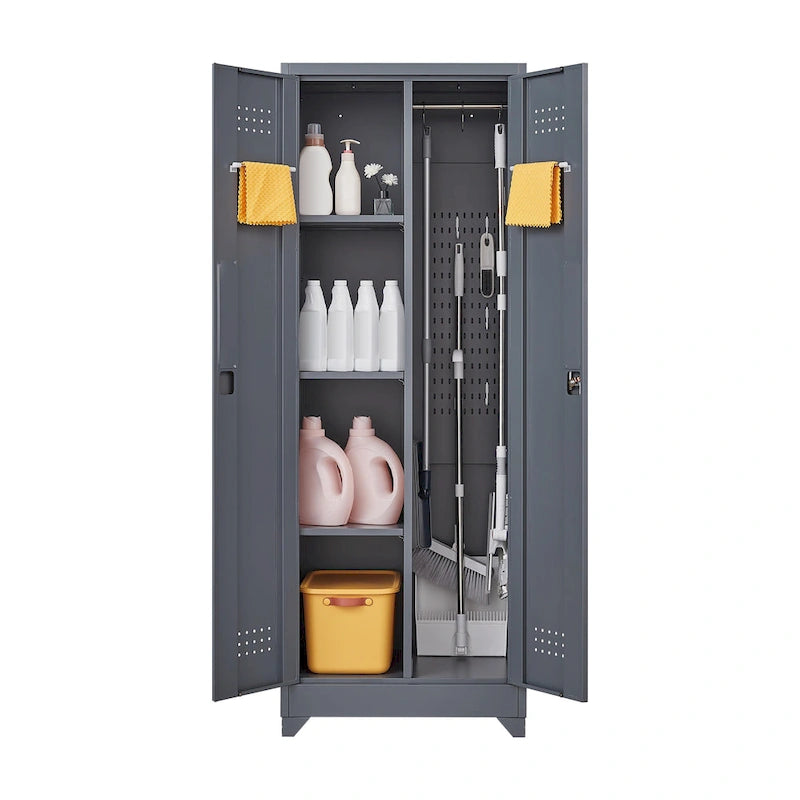 Armoire de rangement haute en acier avec porte verrouillable et tringle – Gris / Gris+Blanc, Anti-rouille, Ventilée