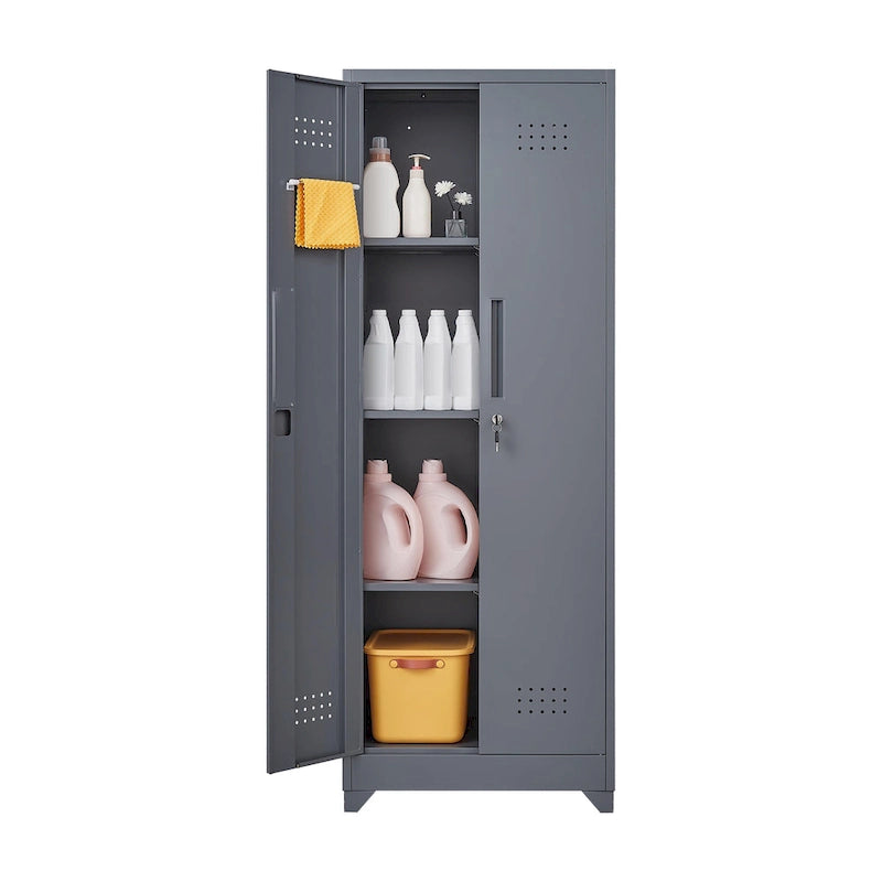 Armoire de rangement haute en acier avec porte verrouillable et tringle – Gris / Gris+Blanc, Anti-rouille, Ventilée