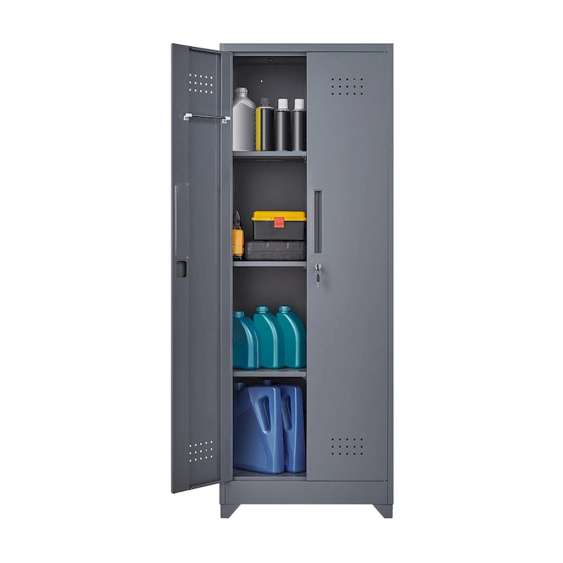 Armoire de rangement haute en acier avec porte verrouillable et tringle – Gris / Gris+Blanc, Anti-rouille, Ventilée
