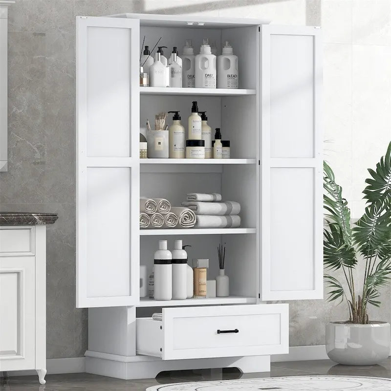 Armoire de rangement haute avec 2 portes et 1 tiroir – Blanc, MDF, Étagères réglables