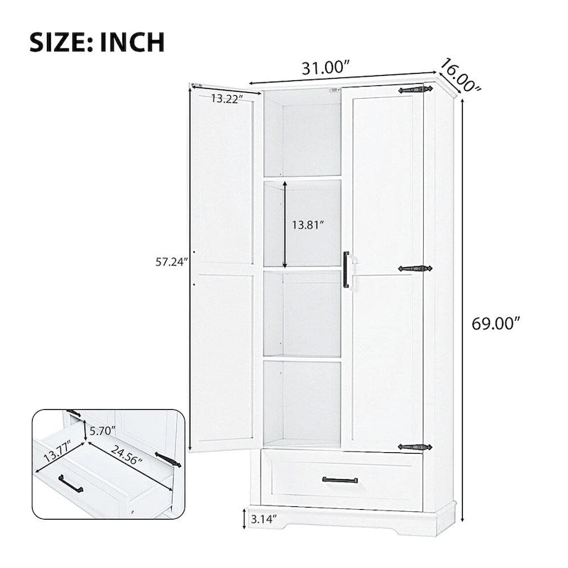 Armoire de rangement haute avec 2 portes et 1 tiroir – Blanc, MDF, Étagères réglables