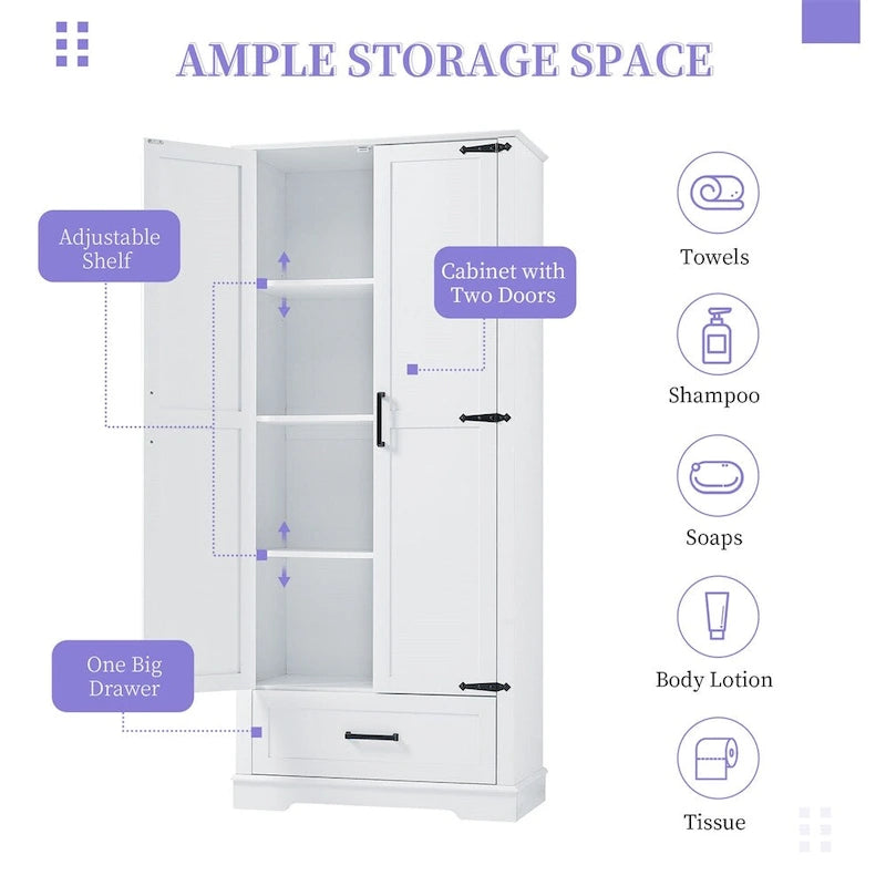 Armoire de rangement haute avec 2 portes et 1 tiroir – Blanc, MDF, Étagères réglables