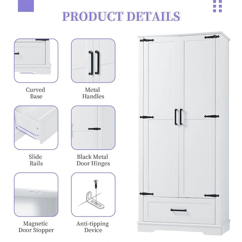 Armoire de rangement haute avec 2 portes et 1 tiroir – Blanc, MDF, Étagères réglables