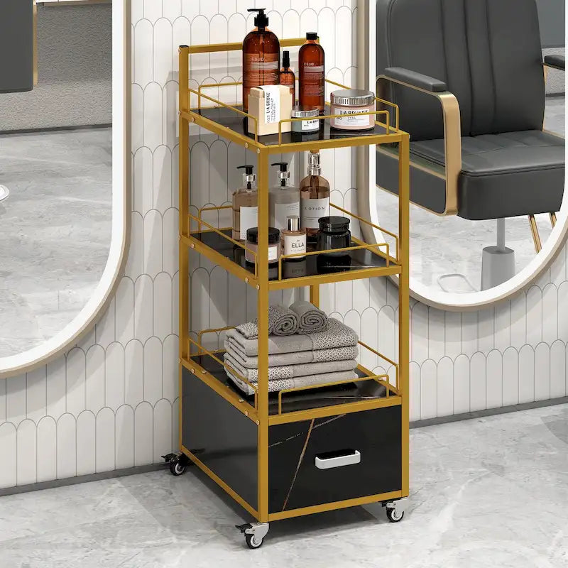 Chariot de rangement à roulettes 3 niveaux pour salon de coiffure avec tiroir – Doré et noir / Doré et blanc, cadre en métal, plateau façon marbre