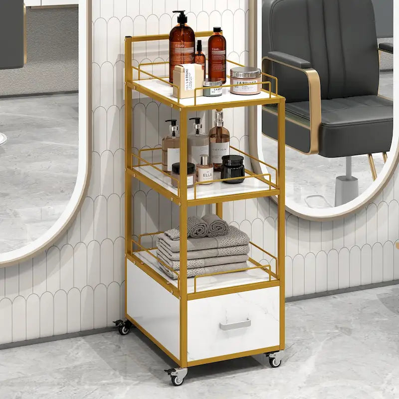 Chariot de rangement à roulettes 3 niveaux pour salon de coiffure avec tiroir – Doré et noir / Doré et blanc, cadre en métal, plateau façon marbre