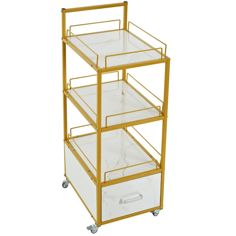 Chariot de rangement à roulettes 3 niveaux pour salon de coiffure avec tiroir – Doré et noir / Doré et blanc, cadre en métal, plateau façon marbre
