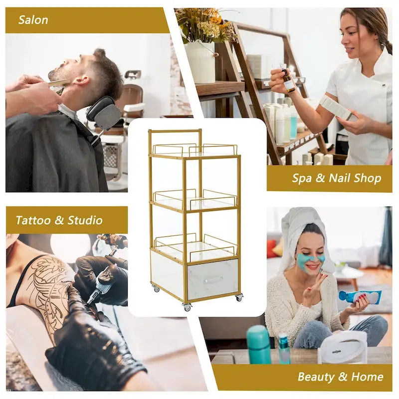 Chariot de rangement à roulettes 3 niveaux pour salon de coiffure avec tiroir – Doré et noir / Doré et blanc, cadre en métal, plateau façon marbre