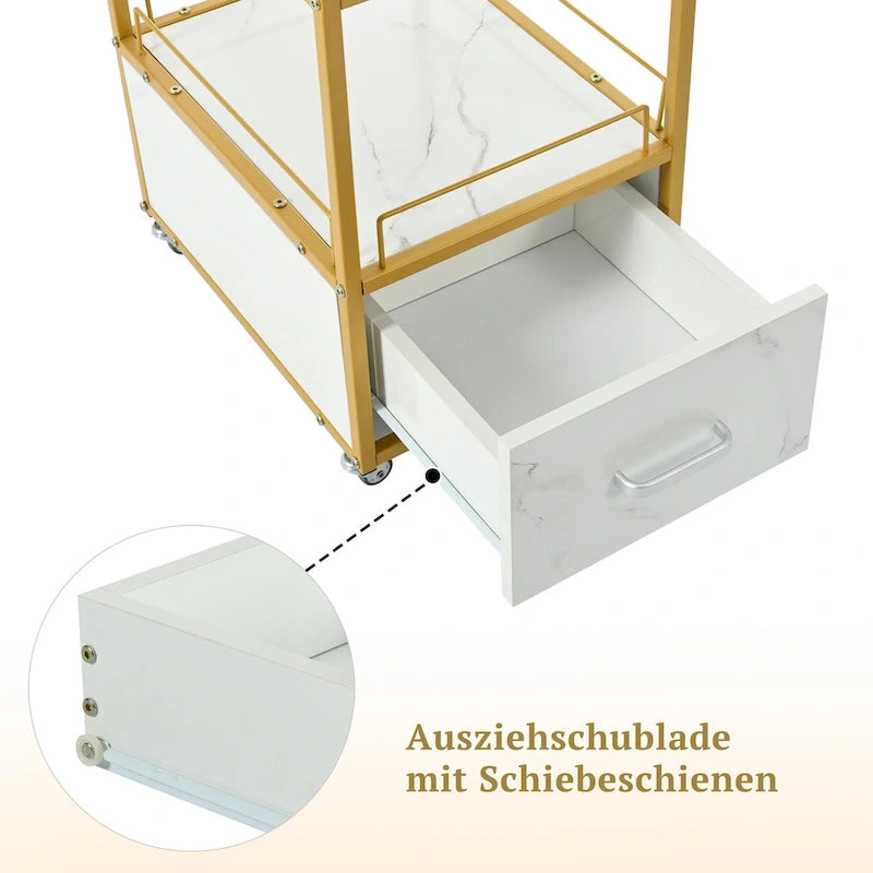 Chariot de rangement à roulettes 3 niveaux pour salon de coiffure avec tiroir – Doré et noir / Doré et blanc, cadre en métal, plateau façon marbre