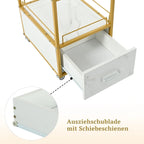 Chariot de rangement à roulettes 3 niveaux pour salon de coiffure avec tiroir – Doré et noir / Doré et blanc, cadre en métal, plateau façon marbre