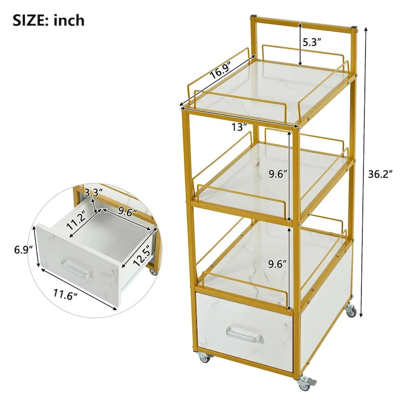 Chariot de rangement à roulettes 3 niveaux pour salon de coiffure avec tiroir – Doré et noir / Doré et blanc, cadre en métal, plateau façon marbre