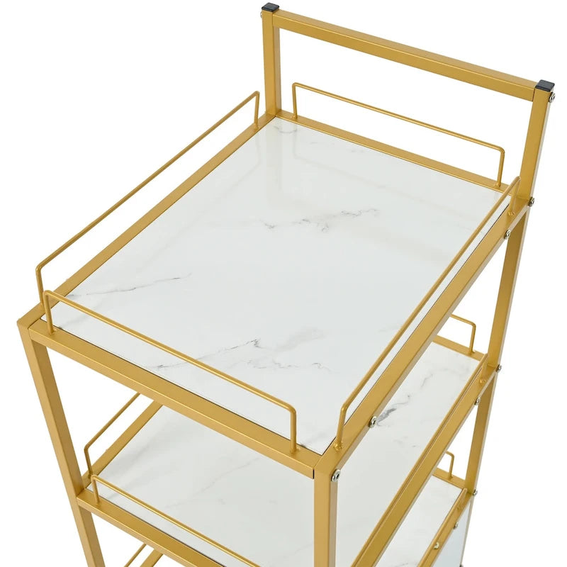 Chariot de rangement à roulettes 3 niveaux pour salon de coiffure avec tiroir – Doré et noir / Doré et blanc, cadre en métal, plateau façon marbre