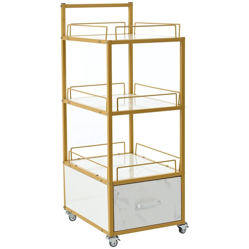 Chariot de rangement à roulettes 3 niveaux pour salon de coiffure avec tiroir – Doré et noir / Doré et blanc, cadre en métal, plateau façon marbre