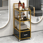 Chariot de rangement à roulettes 3 niveaux pour salon de coiffure avec tiroir – Doré et noir / Doré et blanc, cadre en métal, plateau façon marbre