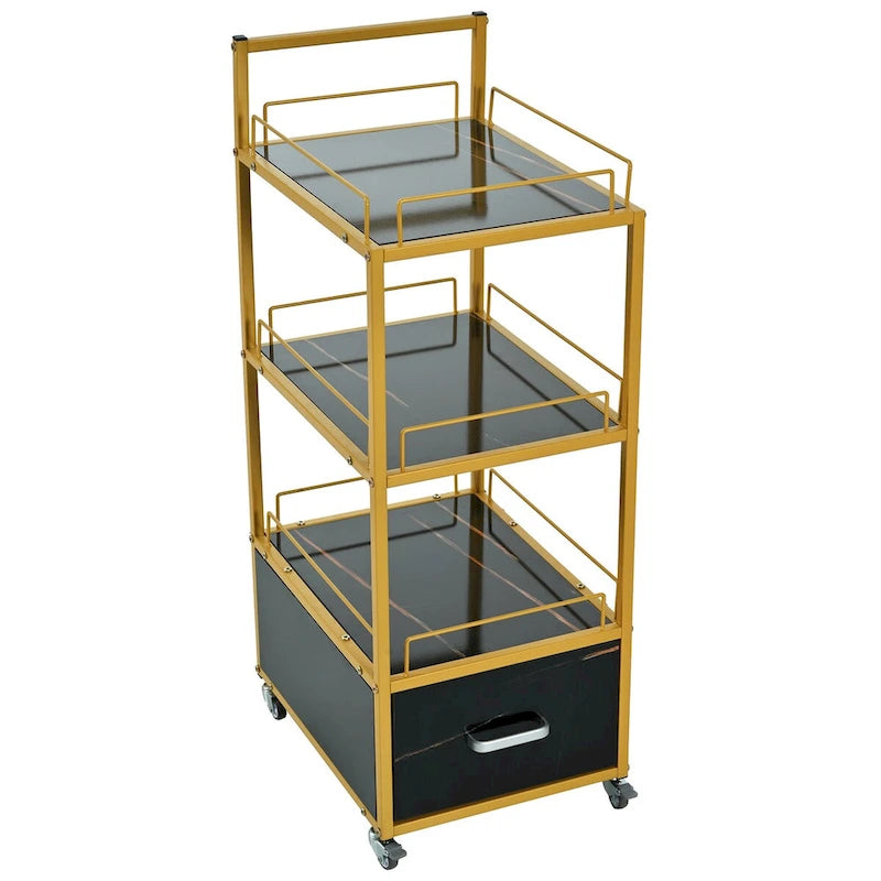 Chariot de rangement à roulettes 3 niveaux pour salon de coiffure avec tiroir – Doré et noir / Doré et blanc, cadre en métal, plateau façon marbre