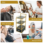 Chariot de rangement à roulettes 3 niveaux pour salon de coiffure avec tiroir – Doré et noir / Doré et blanc, cadre en métal, plateau façon marbre
