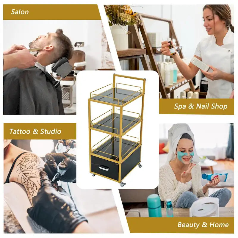 Chariot de rangement à roulettes 3 niveaux pour salon de coiffure avec tiroir – Doré et noir / Doré et blanc, cadre en métal, plateau façon marbre