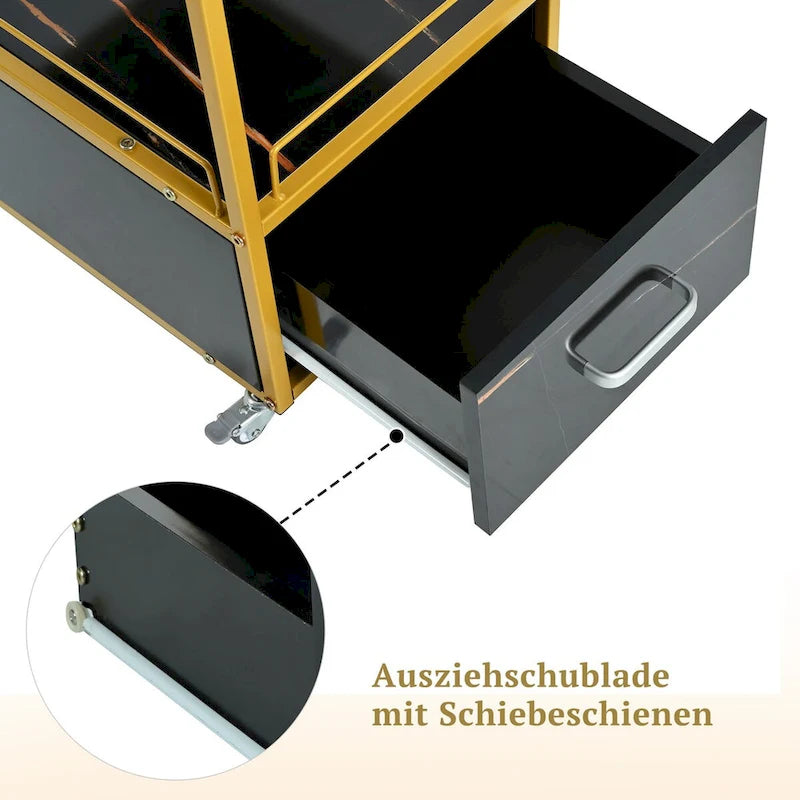 Chariot de rangement à roulettes 3 niveaux pour salon de coiffure avec tiroir – Doré et noir / Doré et blanc, cadre en métal, plateau façon marbre