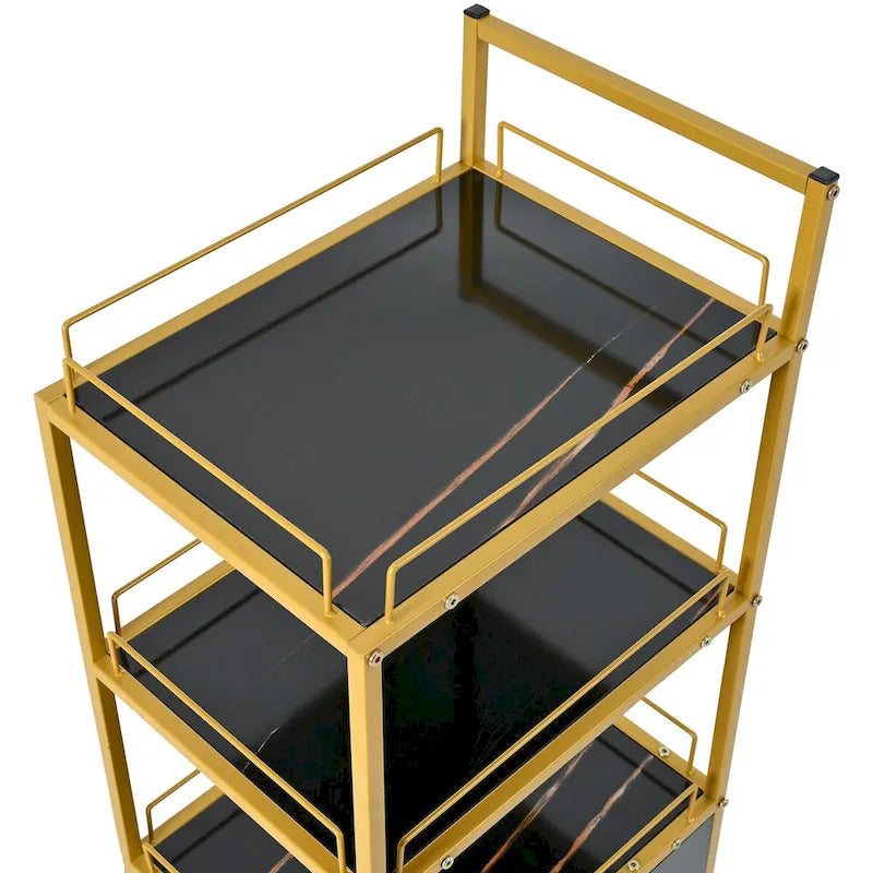 Chariot de rangement à roulettes 3 niveaux pour salon de coiffure avec tiroir – Doré et noir / Doré et blanc, cadre en métal, plateau façon marbre