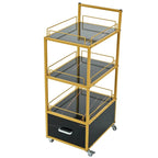 Chariot de rangement à roulettes 3 niveaux pour salon de coiffure avec tiroir – Doré et noir / Doré et blanc, cadre en métal, plateau façon marbre