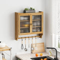 Meuble Haut de Salle de Bain Mural à Double Porte Vitrée avec 3 Étages de Rangement et Porte-Serviettes – Bois Naturel, Finition Polie, 63 cm (L)