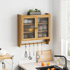 Meuble Haut de Salle de Bain Mural à Double Porte Vitrée avec 3 Étages de Rangement et Porte-Serviettes – Bois Naturel, Finition Polie, 63 cm (L)