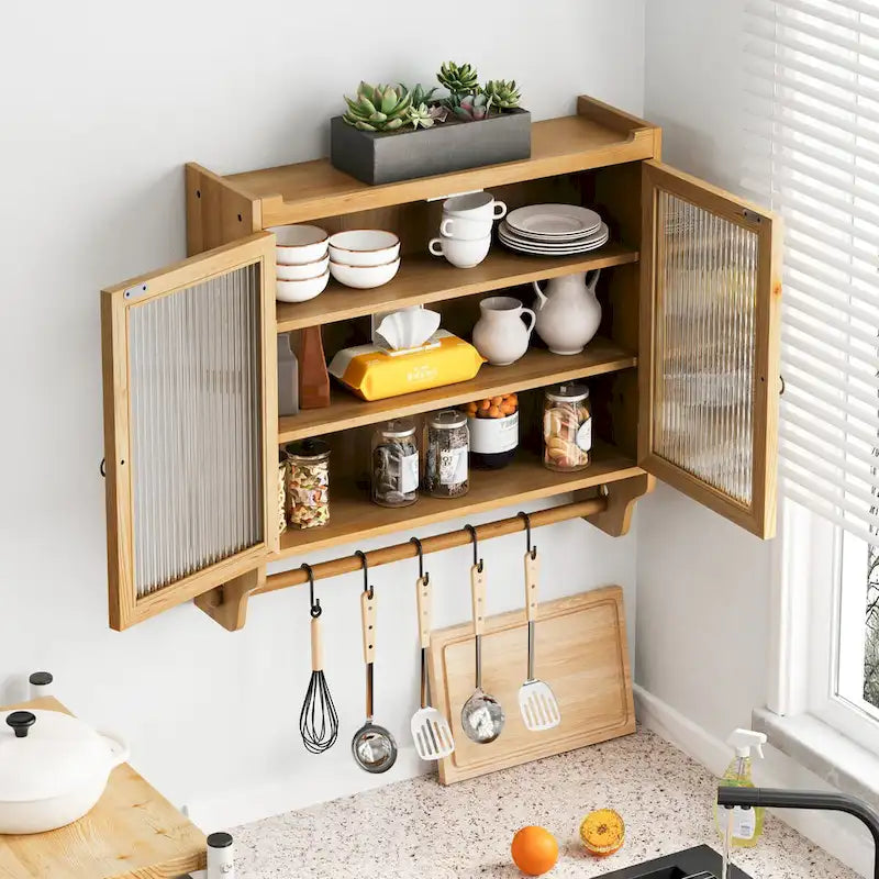 Meuble Haut de Salle de Bain Mural à Double Porte Vitrée avec 3 Étages de Rangement et Porte-Serviettes – Bois Naturel, Finition Polie, 63 cm (L)