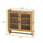 Meuble Haut de Salle de Bain Mural à Double Porte Vitrée avec 3 Étages de Rangement et Porte-Serviettes – Bois Naturel, Finition Polie, 63 cm (L)