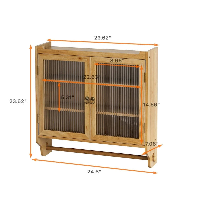 Meuble Haut de Salle de Bain Mural à Double Porte Vitrée avec 3 Étages de Rangement et Porte-Serviettes – Bois Naturel, Finition Polie, 63 cm (L)