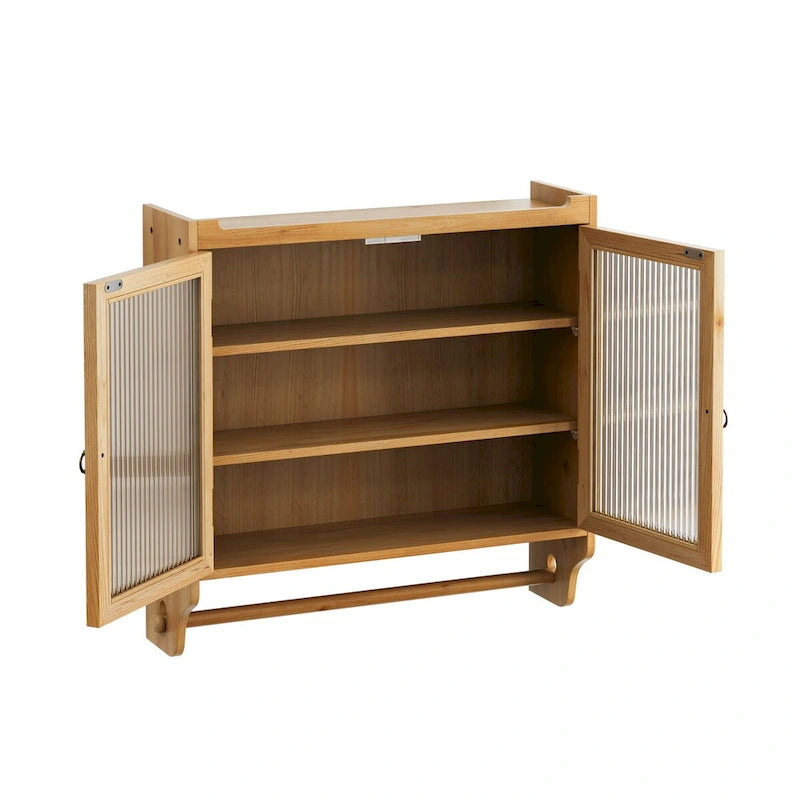 Meuble Haut de Salle de Bain Mural à Double Porte Vitrée avec 3 Étages de Rangement et Porte-Serviettes – Bois Naturel, Finition Polie, 63 cm (L)