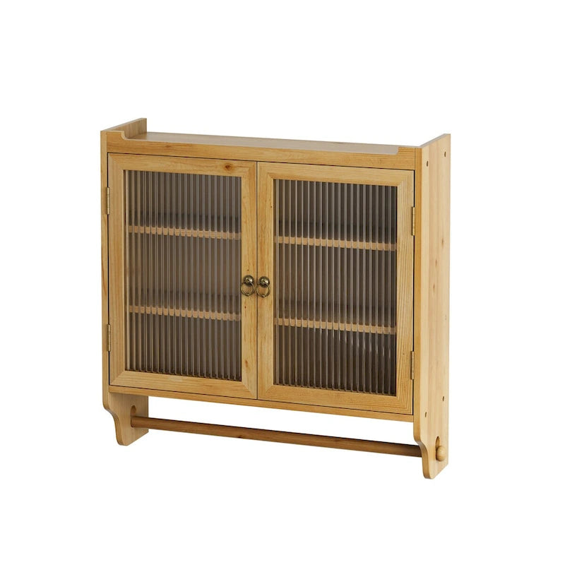 Meuble Haut de Salle de Bain Mural à Double Porte Vitrée avec 3 Étages de Rangement et Porte-Serviettes – Bois Naturel, Finition Polie, 63 cm (L)