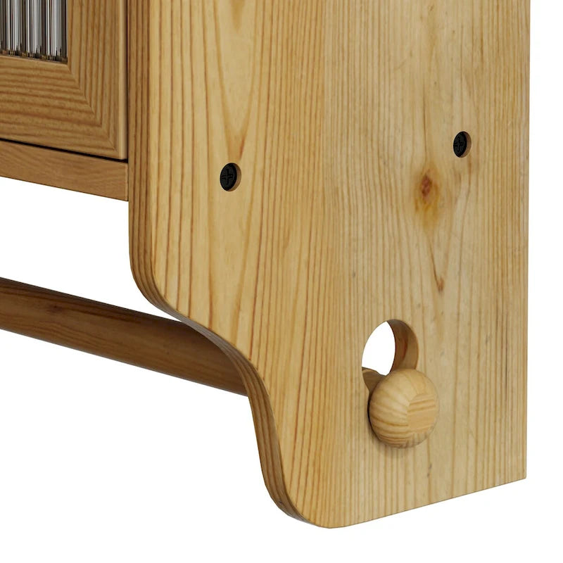 Meuble Haut de Salle de Bain Mural à Double Porte Vitrée avec 3 Étages de Rangement et Porte-Serviettes – Bois Naturel, Finition Polie, 63 cm (L)