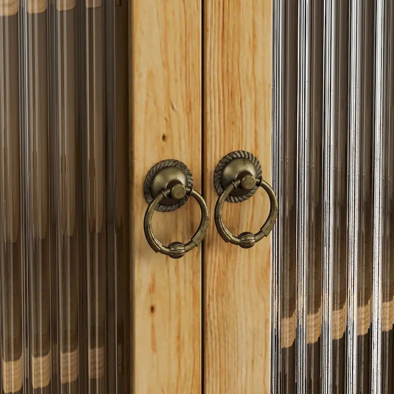 Meuble Haut de Salle de Bain Mural à Double Porte Vitrée avec 3 Étages de Rangement et Porte-Serviettes – Bois Naturel, Finition Polie, 63 cm (L)