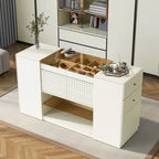Commode 6 tiroirs avec plateau en verre et étagères ouvertes – Blanc crème, style îlot moderne