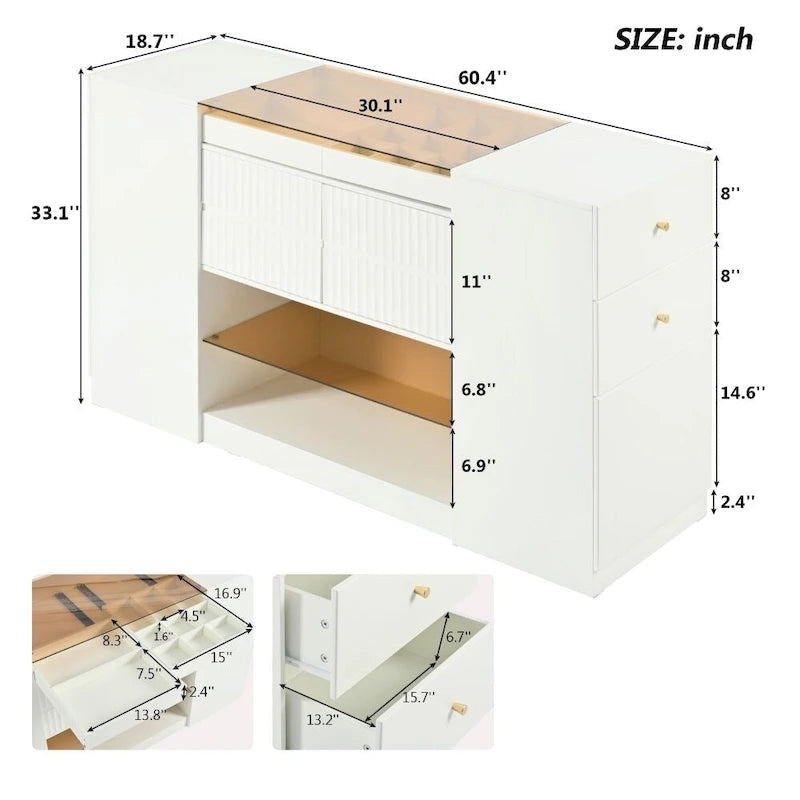 Commode 6 tiroirs avec plateau en verre et étagères ouvertes – Blanc crème, style îlot moderne