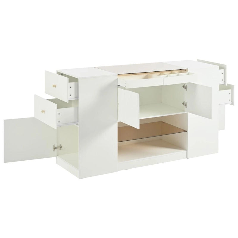 Commode 6 tiroirs avec plateau en verre et étagères ouvertes – Blanc crème, style îlot moderne