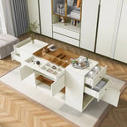 Commode 6 tiroirs avec plateau en verre et étagères ouvertes – Blanc crème, style îlot moderne