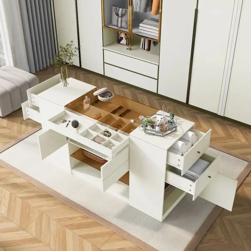 Commode 6 tiroirs avec plateau en verre et étagères ouvertes – Blanc crème, style îlot moderne