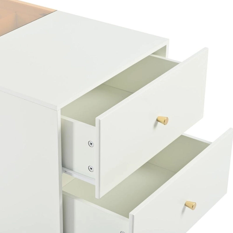 Commode 6 tiroirs avec plateau en verre et étagères ouvertes – Blanc crème, style îlot moderne