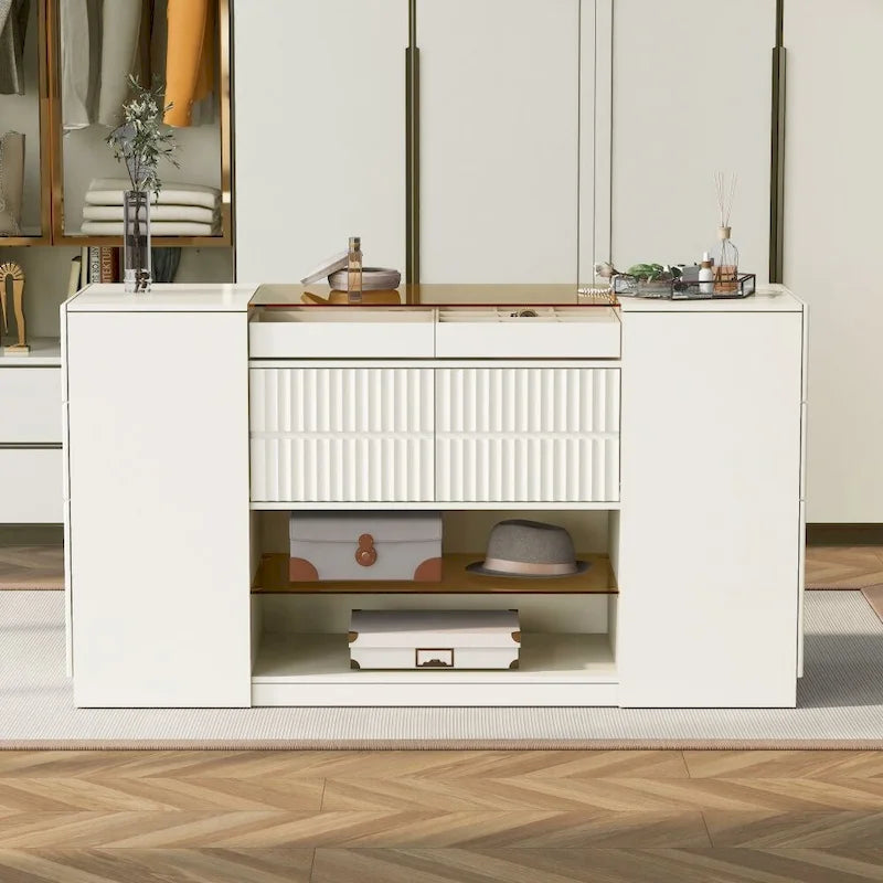 Commode 6 tiroirs avec plateau en verre et étagères ouvertes – Blanc crème, style îlot moderne