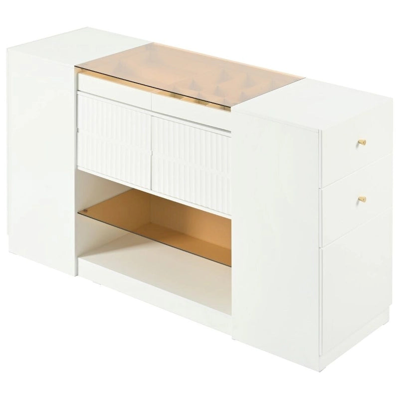Commode 6 tiroirs avec plateau en verre et étagères ouvertes – Blanc crème, style îlot moderne